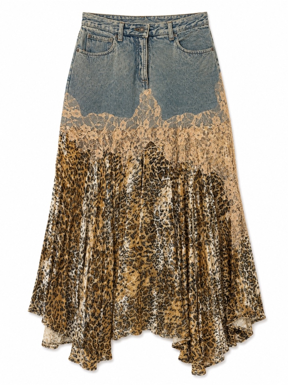 Vintage Y2K Newport News Jeanology Denim Lace Leopard Maxi Skirt Size 6